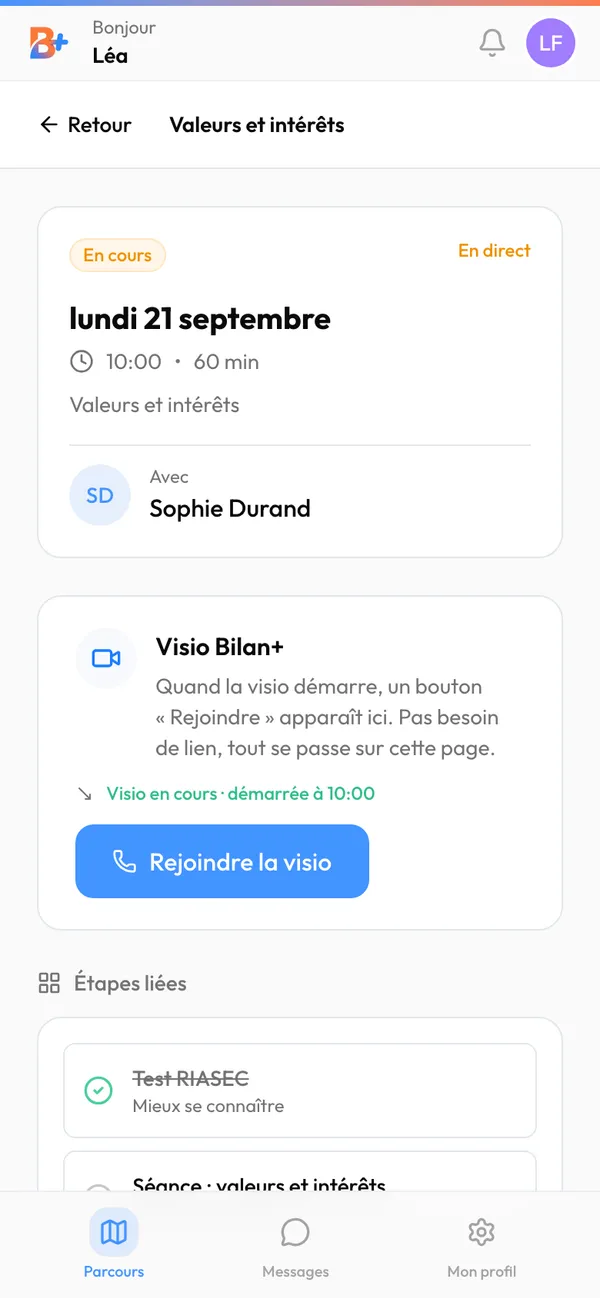 La séance en direct, avec le bouton pour rejoindre la visio